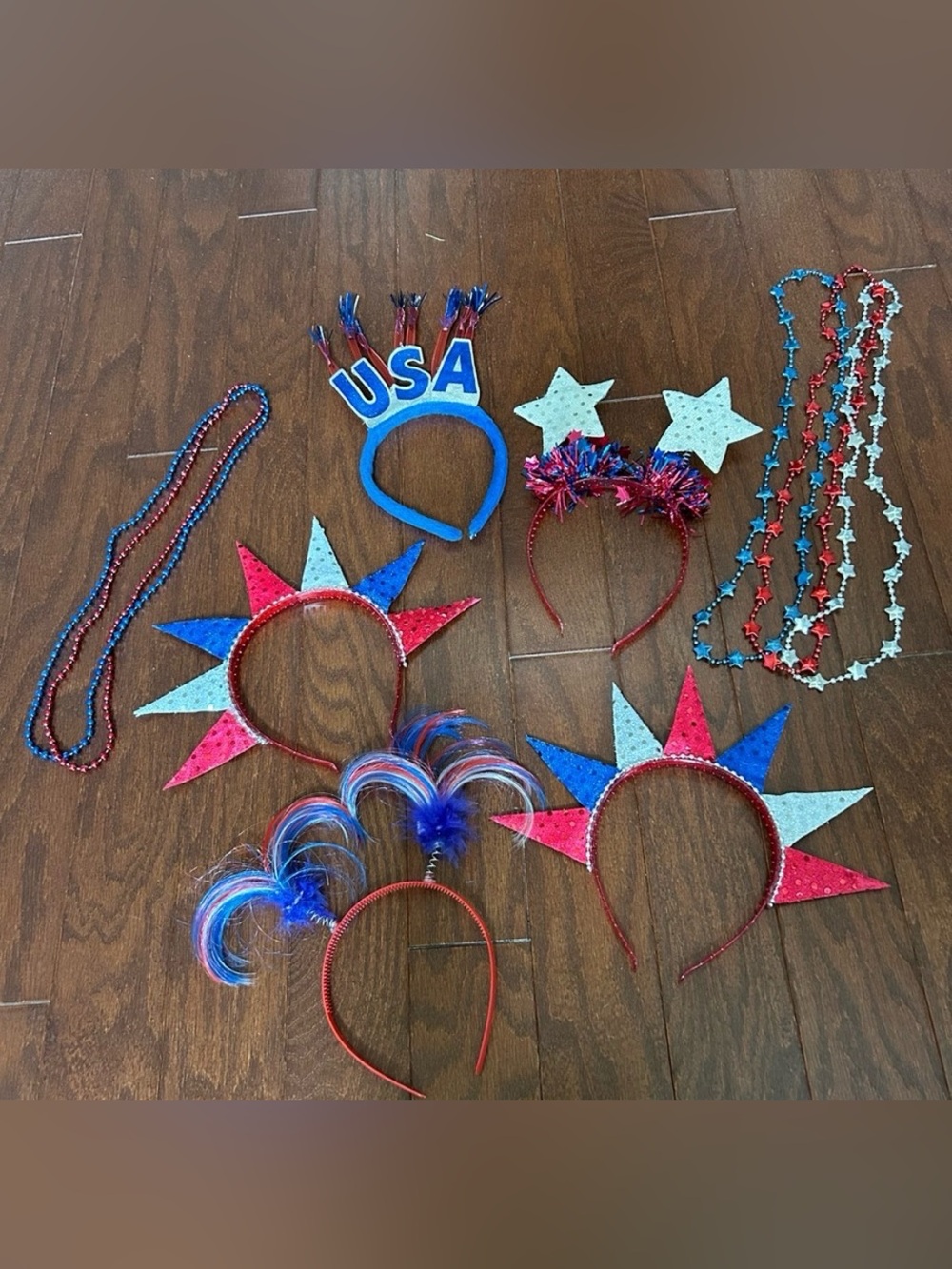 4th of July Red, White & Blue Patriotic Stars Head Band with Necklaces Costume